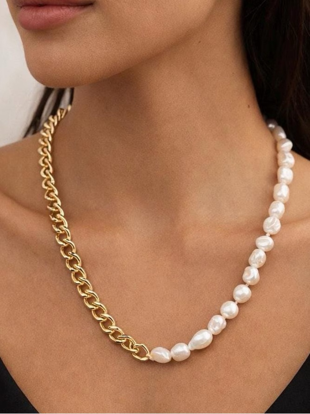 18k Gold Plated Chain and White Pearl Beaded Necklace - Women Jewelry